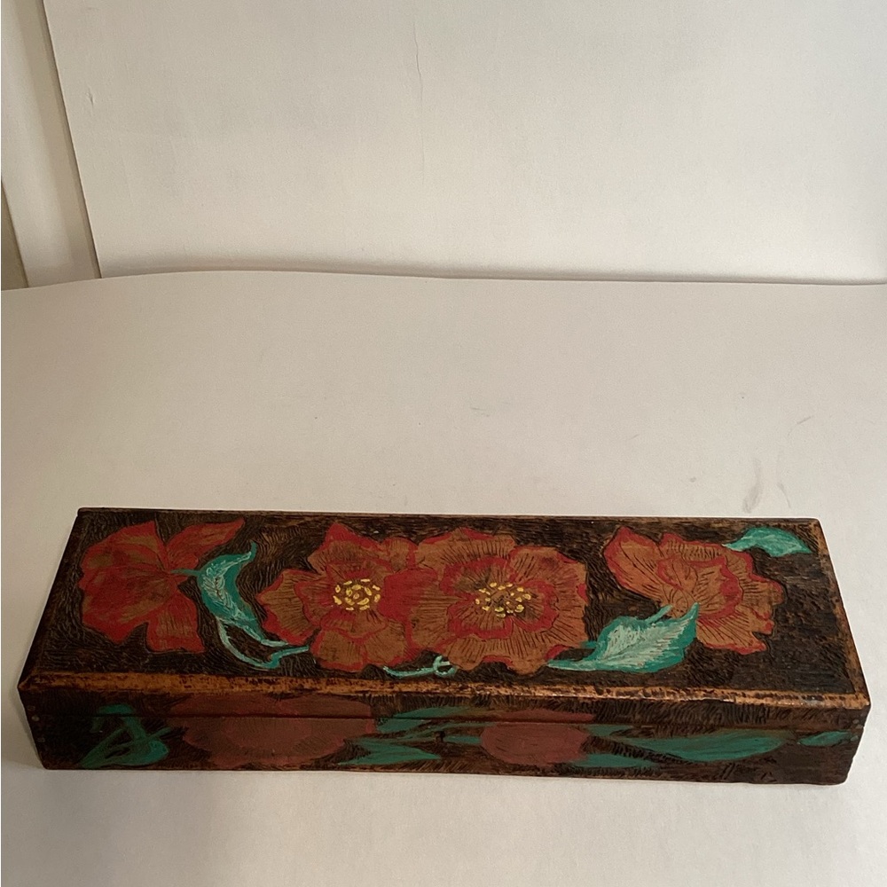 Vintage Pyrography Box with Red Poppies